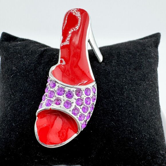 Vintage Red Hat Society Brooch – Rhinestone High Heel Pin Purple & Red Glam - Picture 1 of 7
